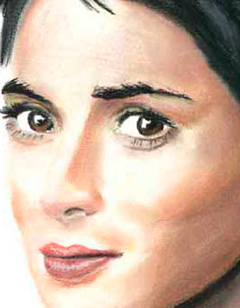 Detalle 2 Ilustración de pastel sobre papel Canson. Mujer de mirada triste y risueña, Winona Rider