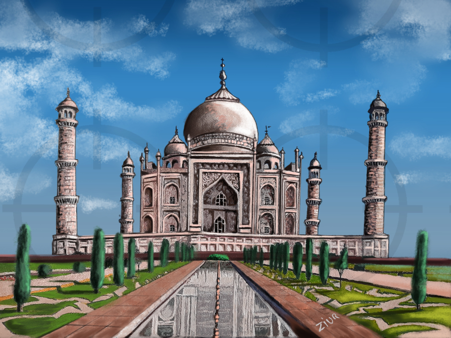 Detalle 1 COLECCIÓN ZIUR: Cuadro al óleo del Taj Mahal. Considerado el más bello ejemplo de tumba, estilo que combina elementos de las arquitecturas islámica,​ persa,​ india e incluso turca.
