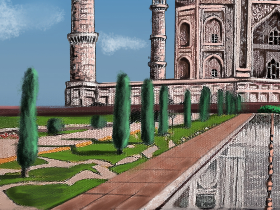 Detalle 2 COLECCIÓN ZIUR: Cuadro al óleo del Taj Mahal. Considerado el más bello ejemplo de tumba, estilo que combina elementos de las arquitecturas islámica,​ persa,​ india e incluso turca.