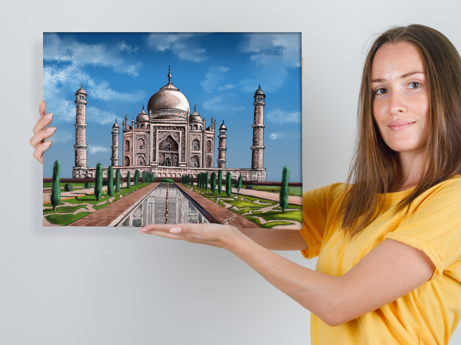 Detalle 4 COLECCIÓN ZIUR: Cuadro al óleo del Taj Mahal. Considerado el más bello ejemplo de tumba, estilo que combina elementos de las arquitecturas islámica,​ persa,​ india e incluso turca.